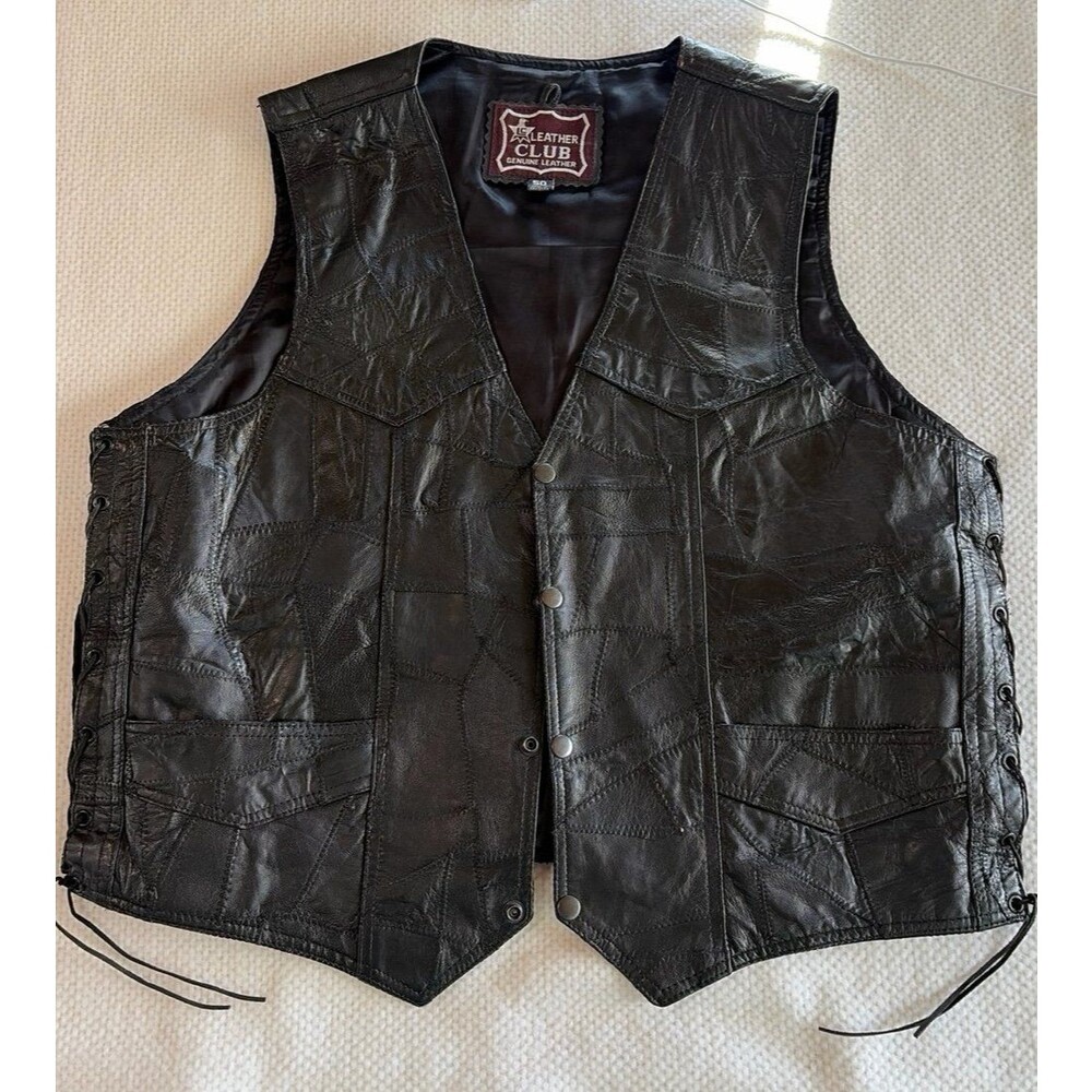 Leather Club Genuine Leather Patchwork Biker Vest - Snap Front - x large